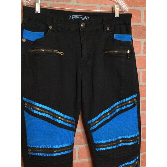 Robins Jeans Mens Black & Blue Moto Zippered Pants Size 36 Embellished - Picture 2 of 11